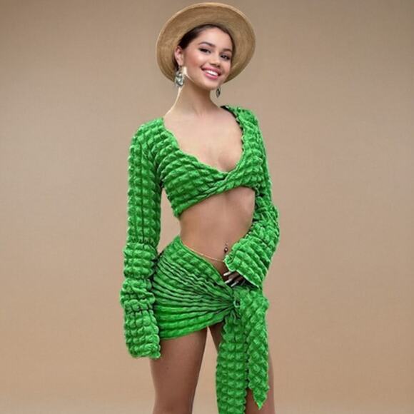 NWT Popcorn Texture Twist Front Crop Top & Sarong Set Sz XL Bright Green - Picture 1 of 9
